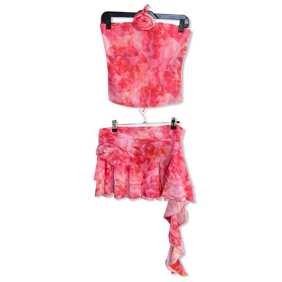 NWT SUPERDOWN Mila Corset Set Pink print mesh mini dress top skirt Revolve M - Picture 7 of 14